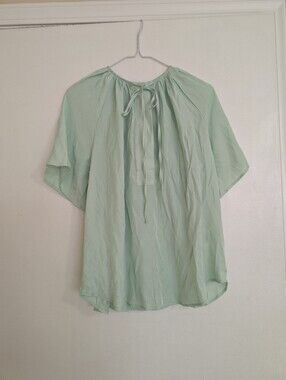 NWT H&M Mint Green Billow Flutter Sleeve Gathered Neck Tie Blouse Top XS